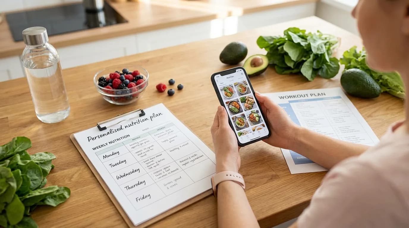 A woman reviewing a personalised nutrition plan on her phone in a kitchen, with fresh produce and a written weekly plan beside her